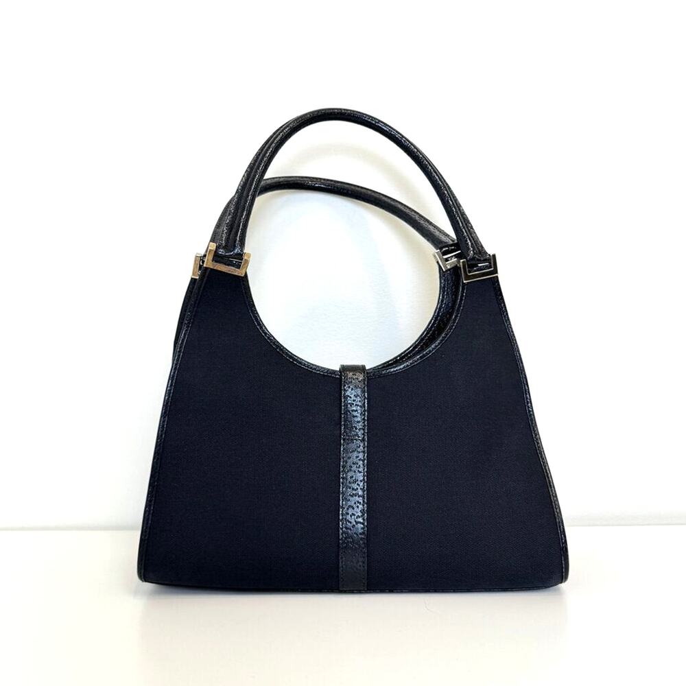 GUCCI Vintage Jackie Bardot Black Canvas Leather Trim Shoulder Bag Silver Hobo - Picture 2 of 10